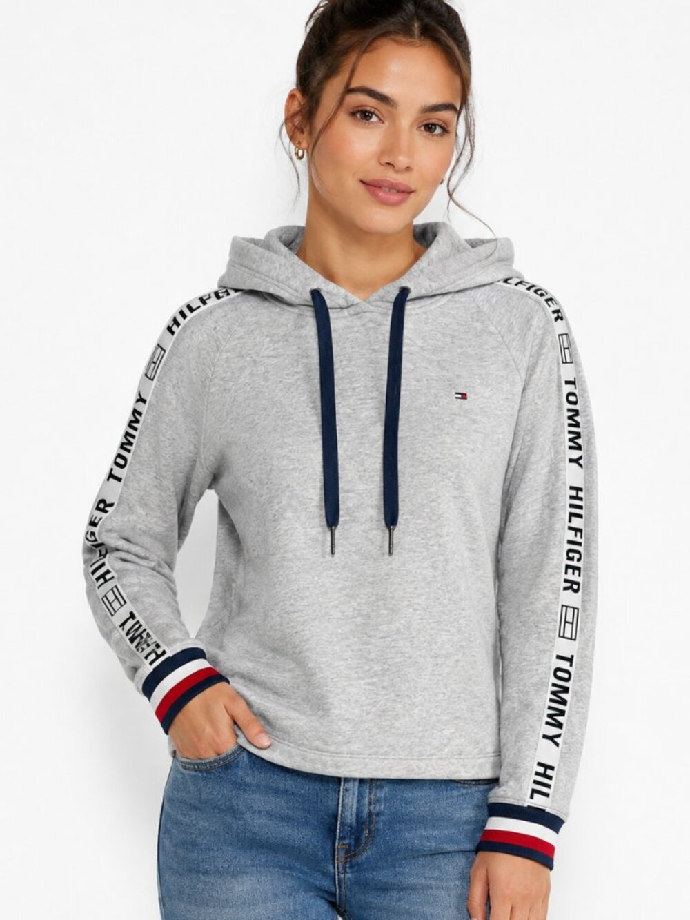 Tommy Hilfiger Sport Gray Logo Tape Pullover Hoodie Sweatshirt XS